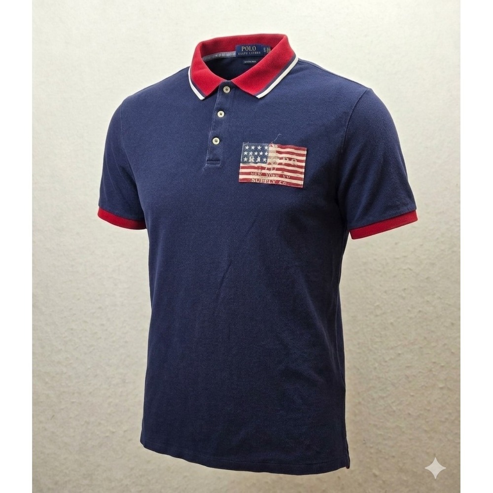 Polo Ralph Lauren Men's Blue w Red & White Trim & American Flag Polo. Size XL